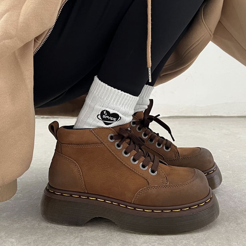 Botine dama stil britanic, scurte, cu șiret, talpă groasă, vârf rotund, PU, galbene