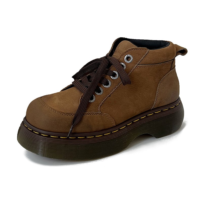 Botine dama stil britanic, scurte, cu șiret, talpă groasă, vârf rotund, PU, galbene