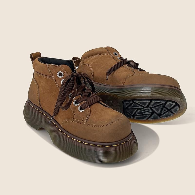 Botine dama stil britanic, scurte, cu șiret, talpă groasă, vârf rotund, PU, galbene