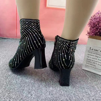 Ghete de iarnă unisex cu paiete metalice și cristale, vârf ascuțit, toc mic