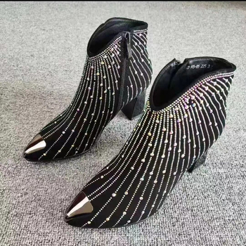 Ghete de iarnă unisex cu paiete metalice și cristale, vârf ascuțit, toc mic