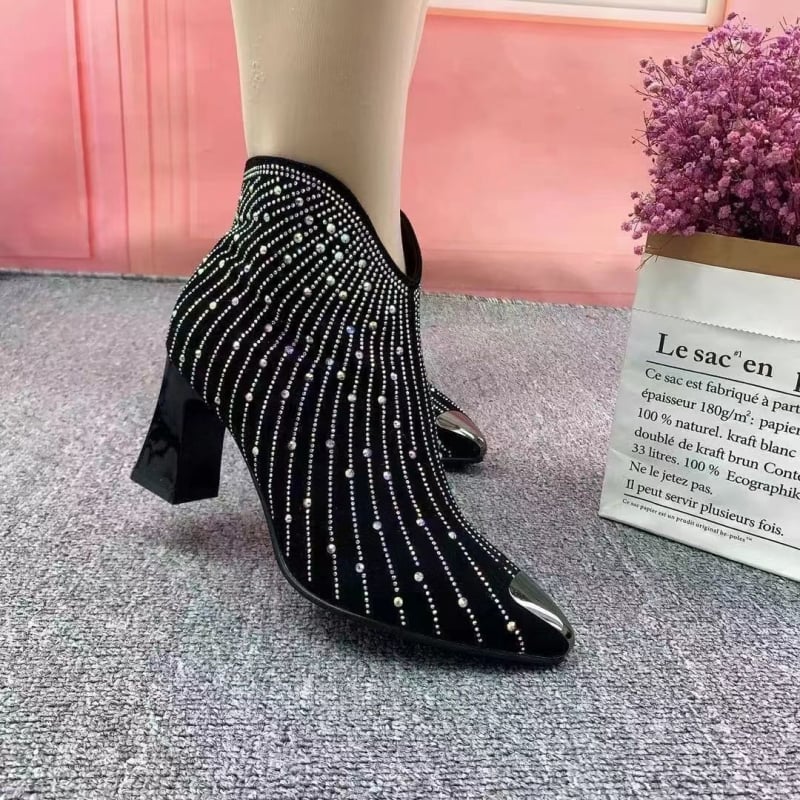 Ghete de iarnă unisex cu paiete metalice și cristale, vârf ascuțit, toc mic