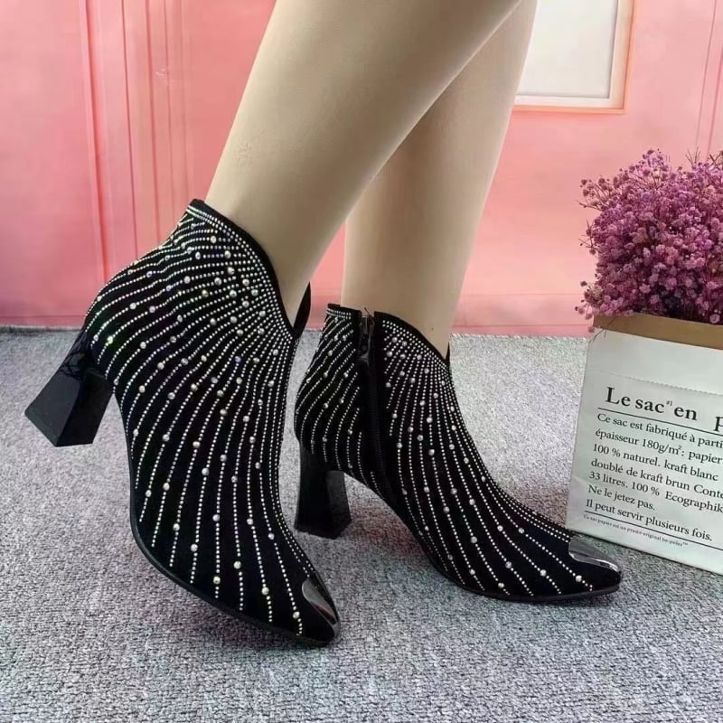 Ghete de iarnă unisex cu paiete metalice și cristale, vârf ascuțit, toc mic