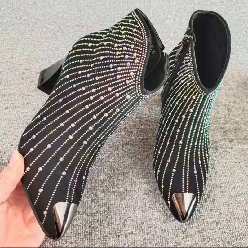 Ghete de iarnă unisex cu paiete metalice și cristale, vârf ascuțit, toc mic