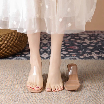 Sandale pentru femei în stil zână, sandale transparente de vară cu toc gros și cristale (6–8 cm), vara 2026