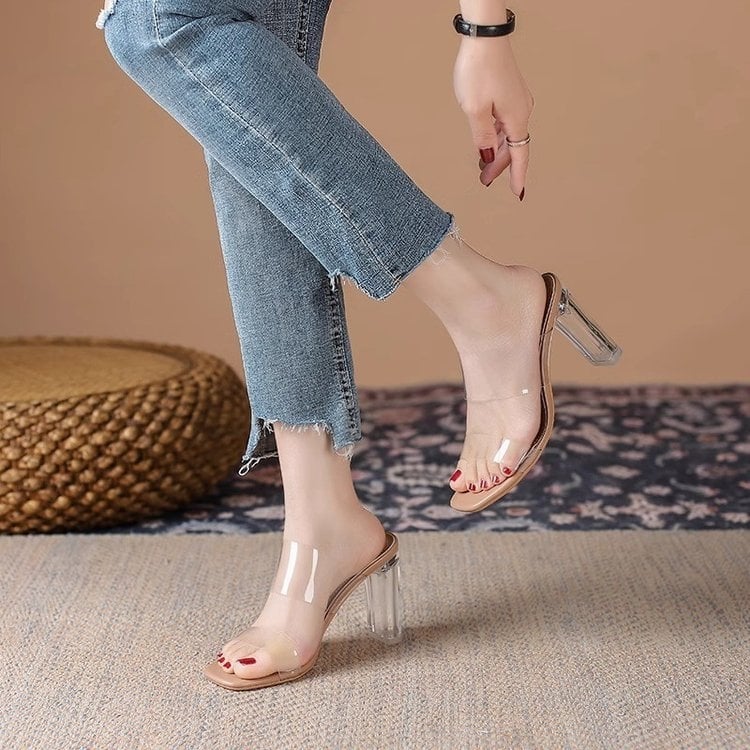 Sandale pentru femei în stil zână, sandale transparente de vară cu toc gros și cristale (6–8 cm), vara 2026