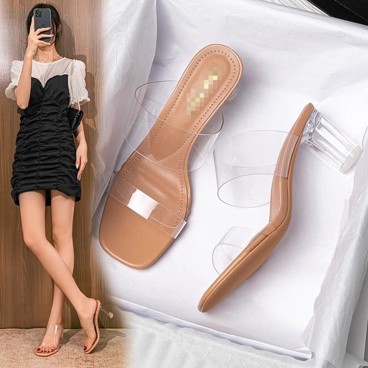 Sandale pentru femei în stil zână, sandale transparente de vară cu toc gros și cristale (6–8 cm), vara 2026