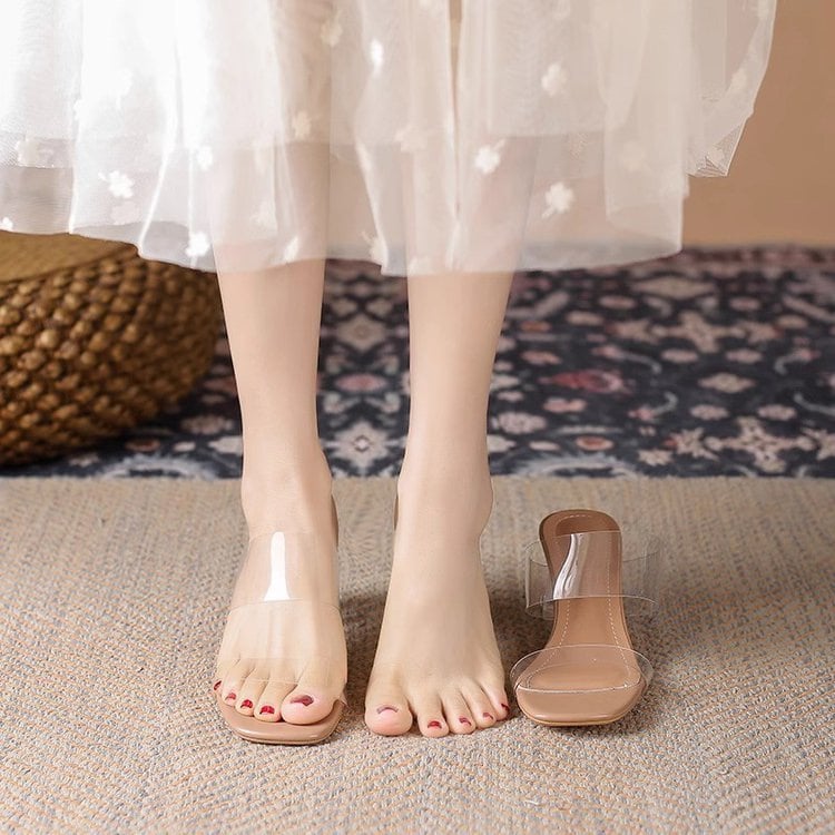 Sandale pentru femei în stil zână, sandale transparente de vară cu toc gros și cristale (6–8 cm), vara 2026