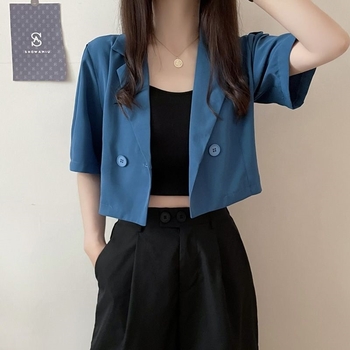 Blazer negru pentru femei, mâneci scurte, vară 2026, talie înaltă, croială slim, top feminin stilat