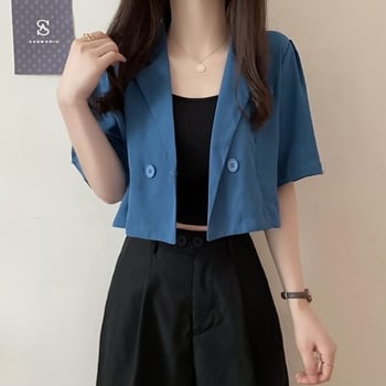 Blazer negru pentru femei, mâneci scurte, vară 2026, talie înaltă, croială slim, top feminin stilat