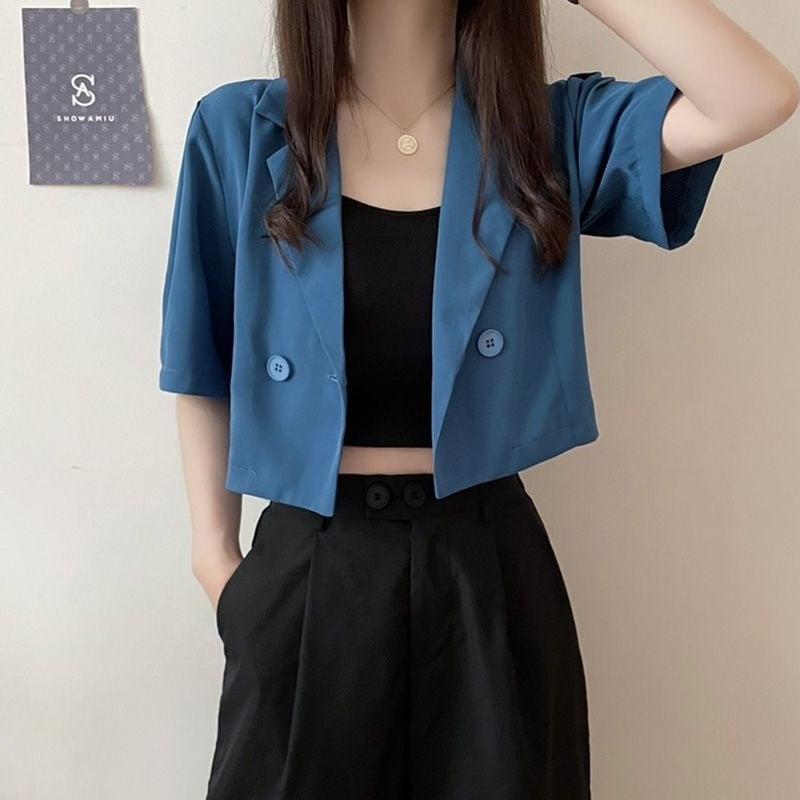 Blazer negru pentru femei, mâneci scurte, vară 2026, talie înaltă, croială slim, top feminin stilat