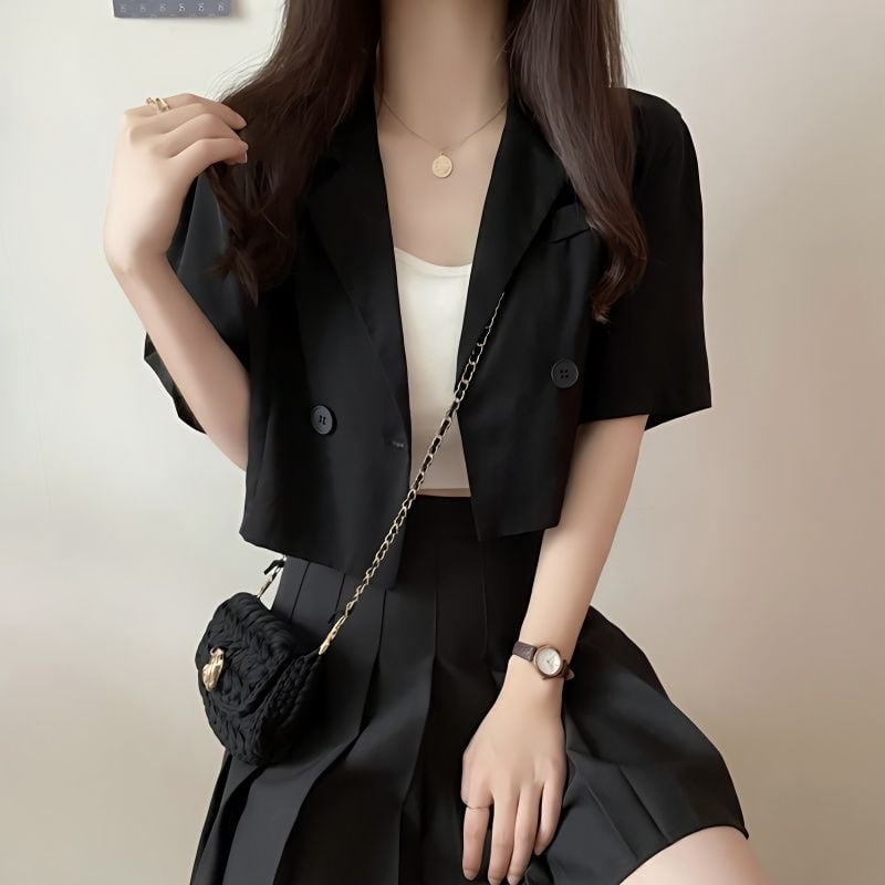 Blazer negru pentru femei, mâneci scurte, vară 2026, talie înaltă, croială slim, top feminin stilat