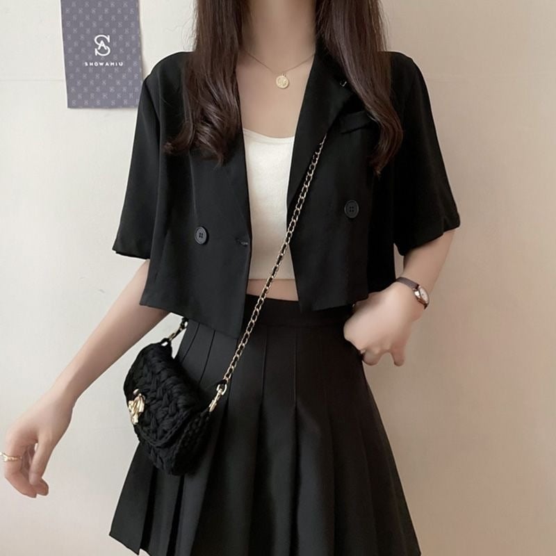 Blazer negru pentru femei, mâneci scurte, vară 2026, talie înaltă, croială slim, top feminin stilat