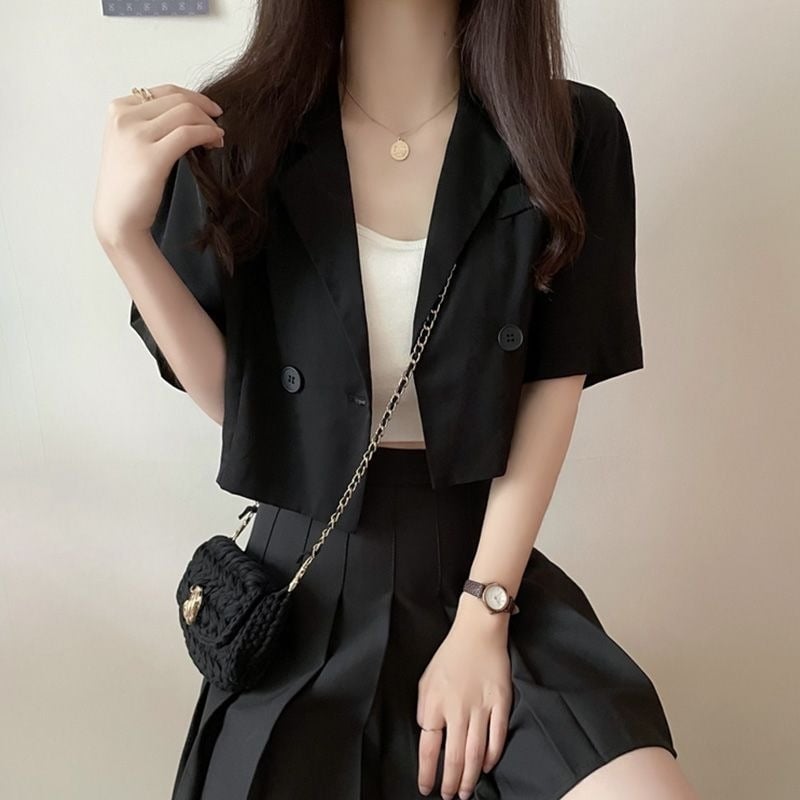 Blazer negru pentru femei, mâneci scurte, vară 2026, talie înaltă, croială slim, top feminin stilat