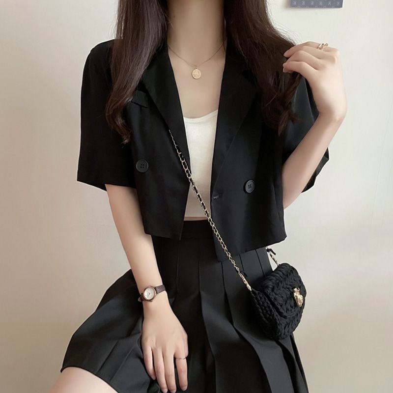 Blazer negru pentru femei, mâneci scurte, vară 2026, talie înaltă, croială slim, top feminin stilat