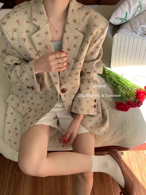 Blazer floral pentru femei, croială lejeră, stil coreean, elegant, primăvara-toamnă 2024