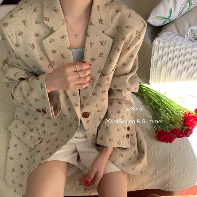 Blazer floral pentru femei, croială lejeră, stil coreean, elegant, primăvara-toamnă 2024