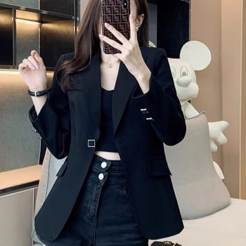 Blazer negru pentru femei, stil primăvară-toamnă, elegant și sofisticat, versatil, sacou croitor