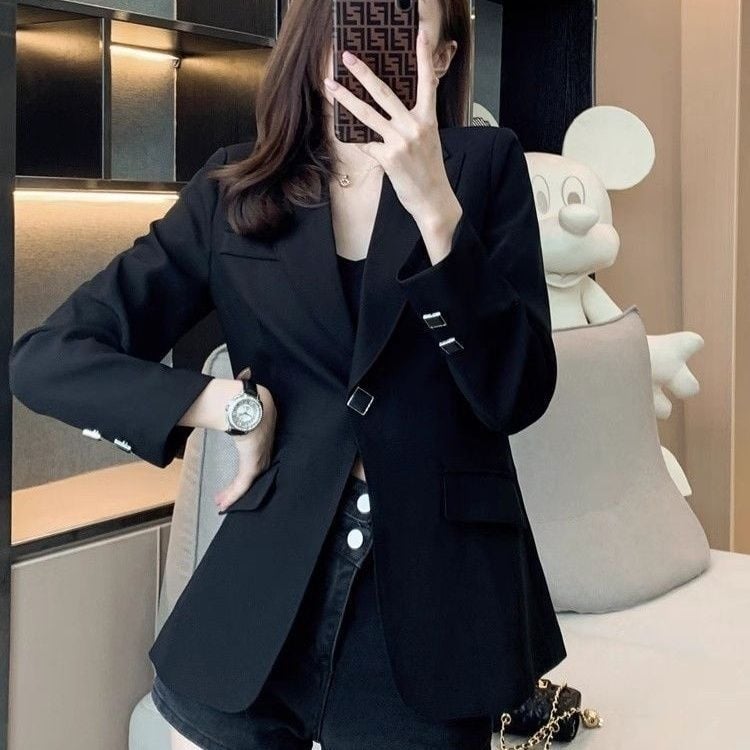 Blazer negru pentru femei, stil primăvară-toamnă, elegant și sofisticat, versatil, sacou croitor
