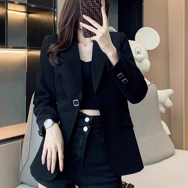 Blazer negru pentru femei, stil primăvară-toamnă, elegant și sofisticat, versatil, sacou croitor