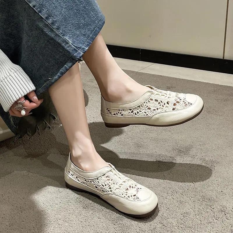 Női nyári lélegző vászon slip-on cipő hálós felsőrésszel, etnikus stílus, puha, sík talp