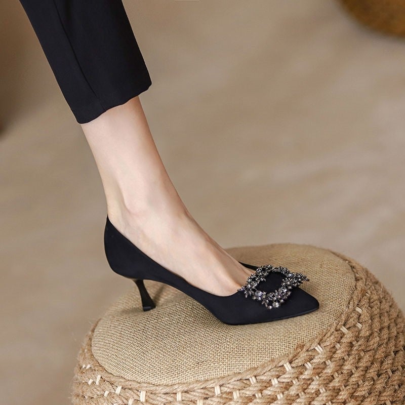 Pantofi ghete negri de dama din velur cu cristale, model nou primăvară-vară 2026, stil elegant zeiță, toc subțire în stil francez, piele moale