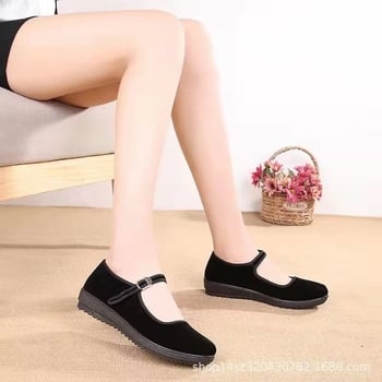 Pantofi damă din textile negri, cu căptușeală din fleece, curea cu cataramă, confortabili pentru muncă și dans, talpă moale