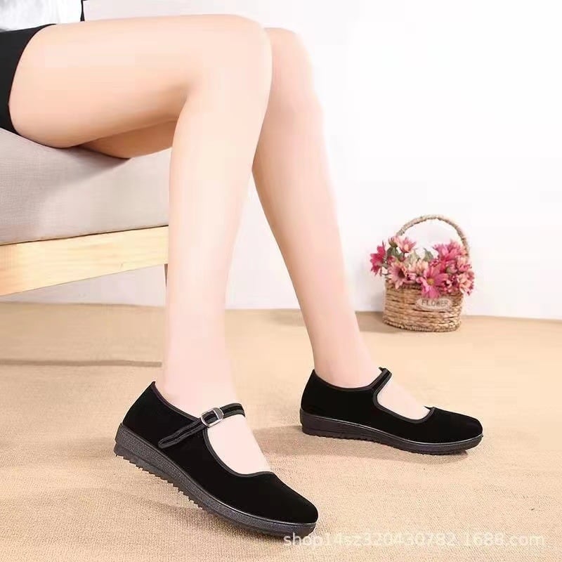 Pantofi damă din textile negri, cu căptușeală din fleece, curea cu cataramă, confortabili pentru muncă și dans, talpă moale