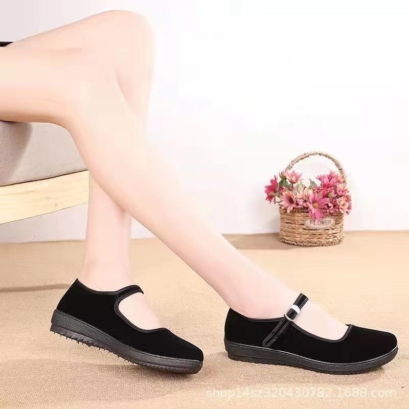 Pantofi damă din textile negri, cu căptușeală din fleece, curea cu cataramă, confortabili pentru muncă și dans, talpă moale