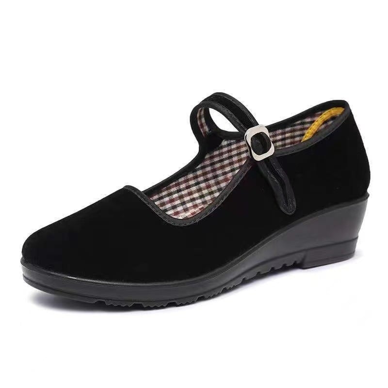 Pantofi damă din textile negri, cu căptușeală din fleece, curea cu cataramă, confortabili pentru muncă și dans, talpă moale