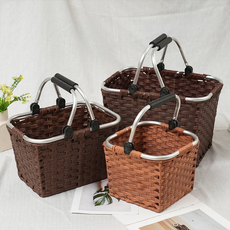 Coș pătrat de depozitare din ratan pentru uz casnic și exterior, potrivit pentru cumpărături și picnic; culoare maro închis sau maro deschis; dimensiuni mare/mediu/mic