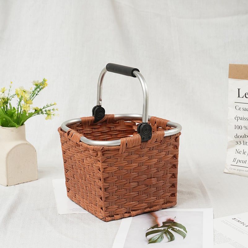 Coș pătrat de depozitare din ratan pentru uz casnic și exterior, potrivit pentru cumpărături și picnic; culoare maro închis sau maro deschis; dimensiuni mare/mediu/mic
