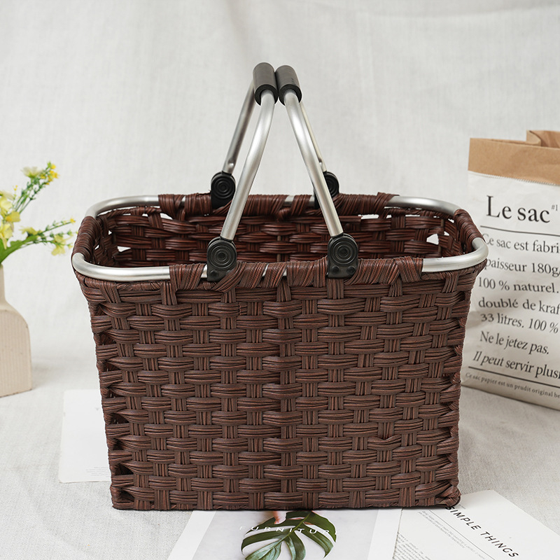 Coș pătrat de depozitare din ratan pentru uz casnic și exterior, potrivit pentru cumpărături și picnic; culoare maro închis sau maro deschis; dimensiuni mare/mediu/mic