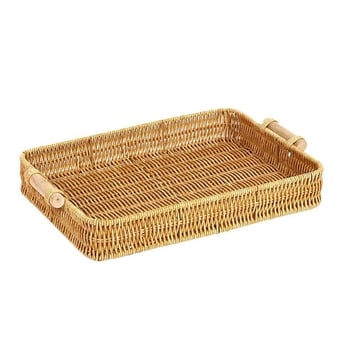 Coș din ratan artificial cu mâner din lemn, tavă de fructe pentru birou și depozitare pentru casă
