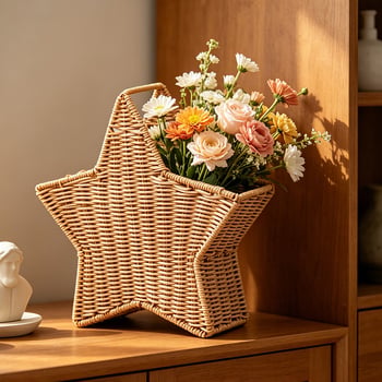 Aranjament floral personalizat în formă de stea cu cinci colțuri pentru sufragerie, vasă din ratan imitat, artă cu flori uscate, coș decorativ lucrat manual