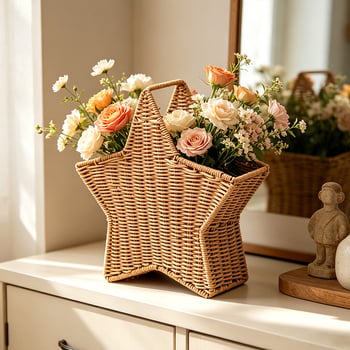 Aranjament floral personalizat în formă de stea cu cinci colțuri pentru sufragerie, vasă din ratan imitat, artă cu flori uscate, coș decorativ lucrat manual