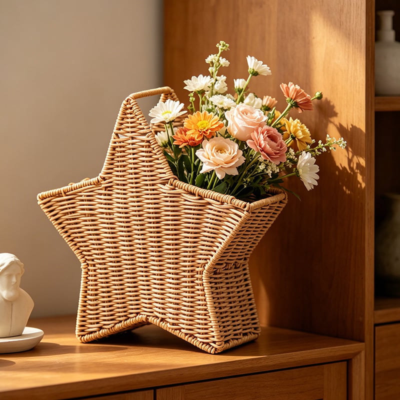 Aranjament floral personalizat în formă de stea cu cinci colțuri pentru sufragerie, vasă din ratan imitat, artă cu flori uscate, coș decorativ lucrat manual