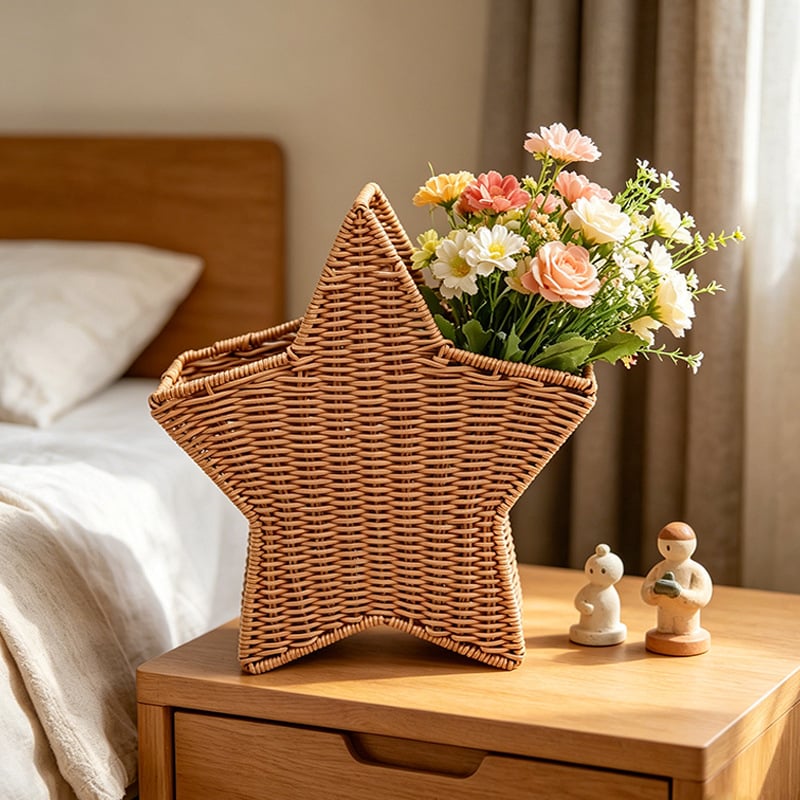 Aranjament floral personalizat în formă de stea cu cinci colțuri pentru sufragerie, vasă din ratan imitat, artă cu flori uscate, coș decorativ lucrat manual