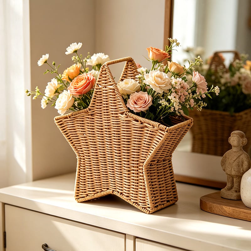 Aranjament floral personalizat în formă de stea cu cinci colțuri pentru sufragerie, vasă din ratan imitat, artă cu flori uscate, coș decorativ lucrat manual