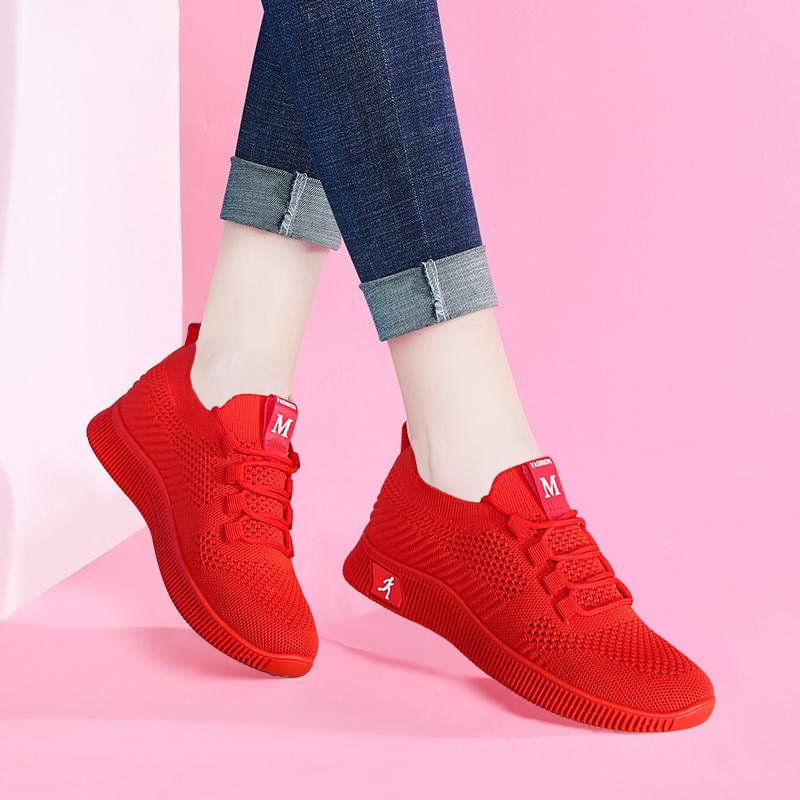 Pantofi casual pentru femei, respirați, talpă moale, pantofi de dans, Fly-Knit, stil coreean, roșii