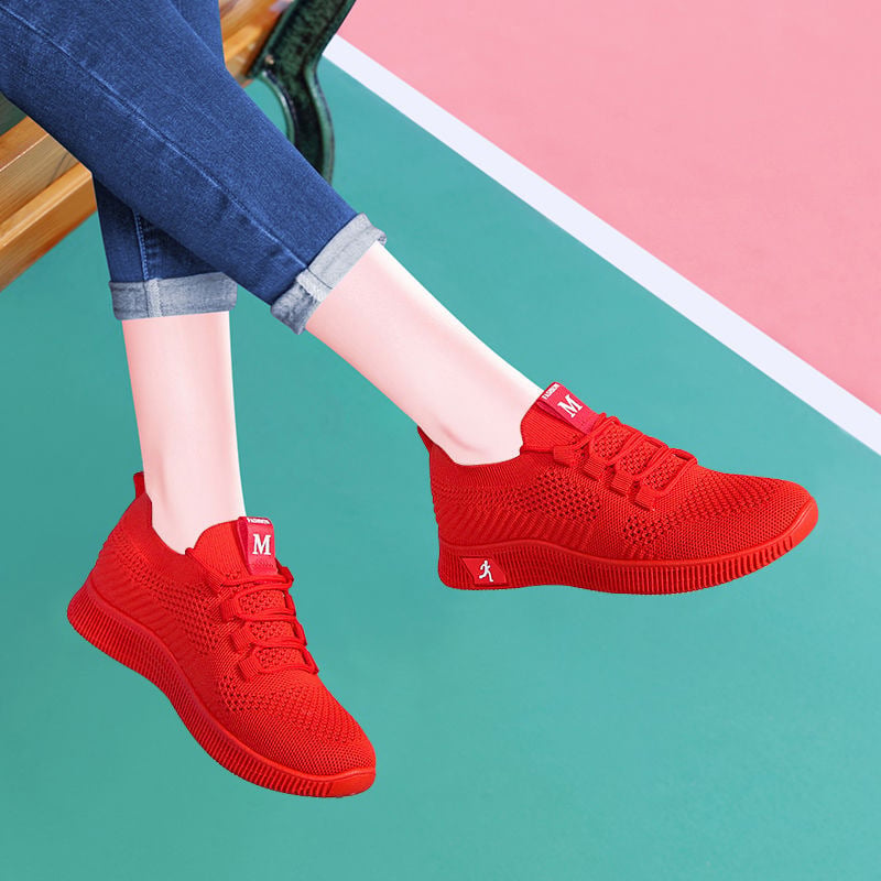 Pantofi casual pentru femei, respirați, talpă moale, pantofi de dans, Fly-Knit, stil coreean, roșii