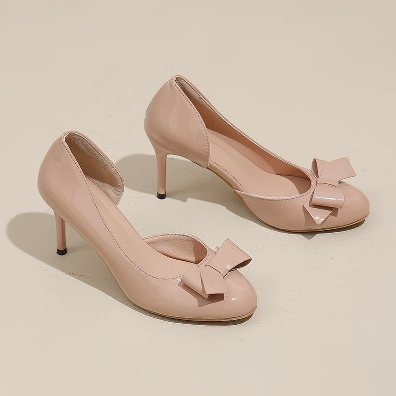 Pantofi dama nude, decupaj lateral și decolteu redus, toc mediu, toc subțire, detaliu funda, stil elegant, model 2025