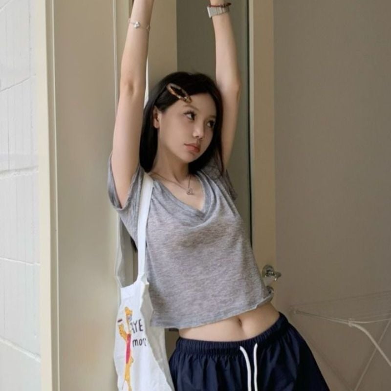 Top pentru femei din Tencel Lyocell cu mânecă scurtă, vară 2025, culoare solidă, casual, croială slim, decolteu în V, ușor translucid