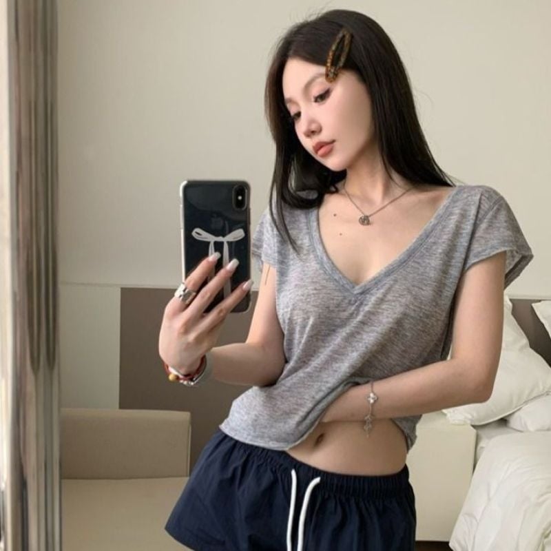Top pentru femei din Tencel Lyocell cu mânecă scurtă, vară 2025, culoare solidă, casual, croială slim, decolteu în V, ușor translucid