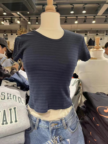 Tricou Zellytop BM-stil, retro american, dungi bleumarin, guler rotund, mâneci scurte, croială slim, pentru femei