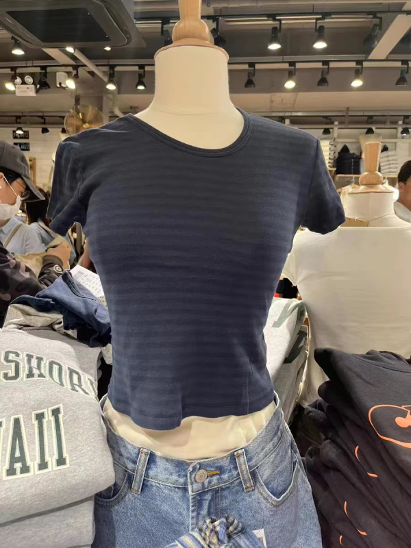 Tricou Zellytop BM-stil, retro american, dungi bleumarin, guler rotund, mâneci scurte, croială slim, pentru femei