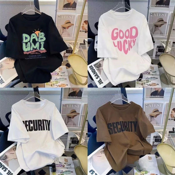 Tricou damă din bumbac, mărime plus, mânecă scurtă, vară, imprimeu geometric, croială lejeră, guler rotund