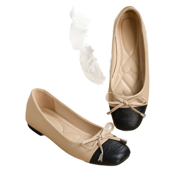 Pantofi dama fără toc cu funda de 3 cm, deschidere joasă, stil Chanel, color-block
