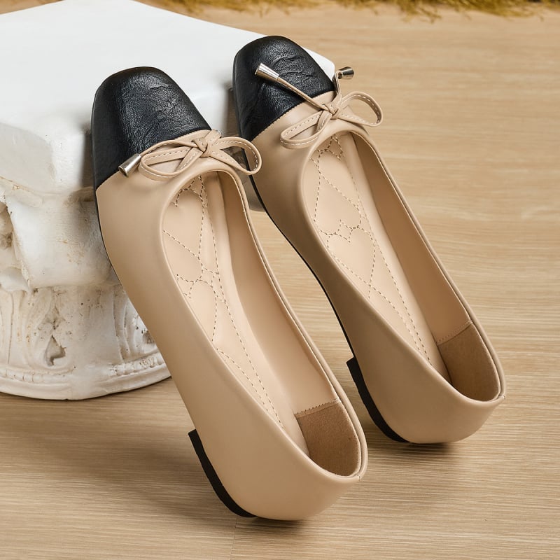 Pantofi dama fără toc cu funda de 3 cm, deschidere joasă, stil Chanel, color-block