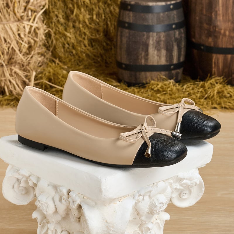Pantofi dama fără toc cu funda de 3 cm, deschidere joasă, stil Chanel, color-block